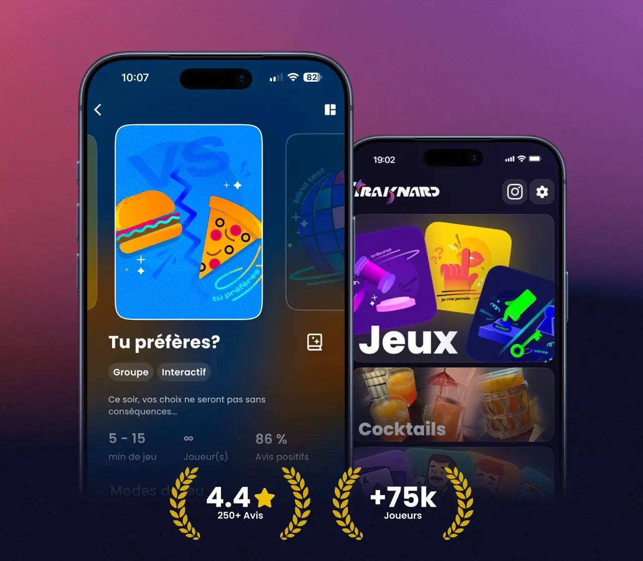 L'application Traknard sur iPhone : l'écran de sélection des jeux de soirée